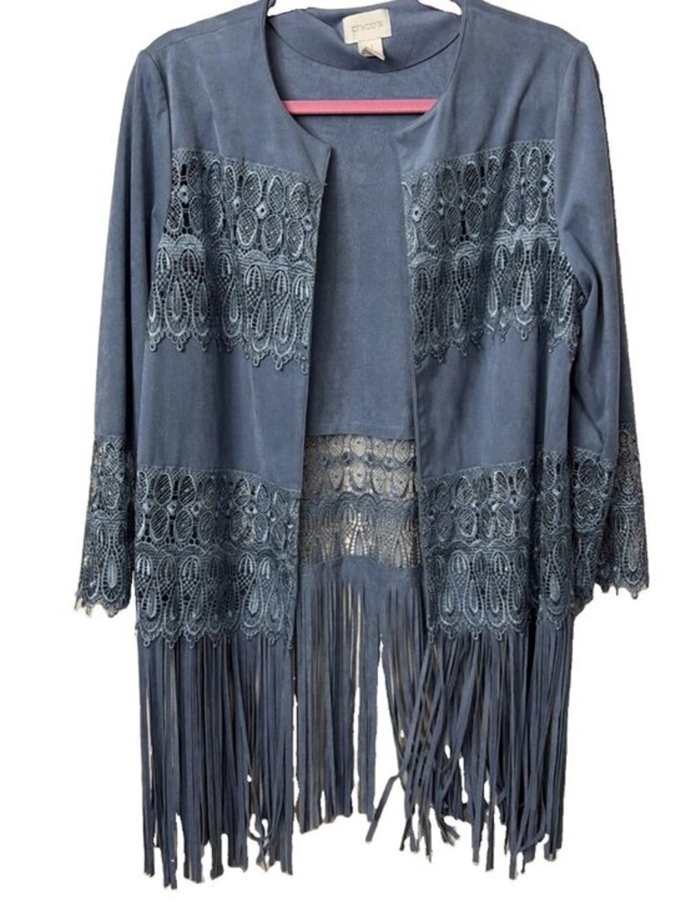 Chicos Jacket Size 1 Womens M Blue Faux Suede Lace Fringe Hem Open Front Western